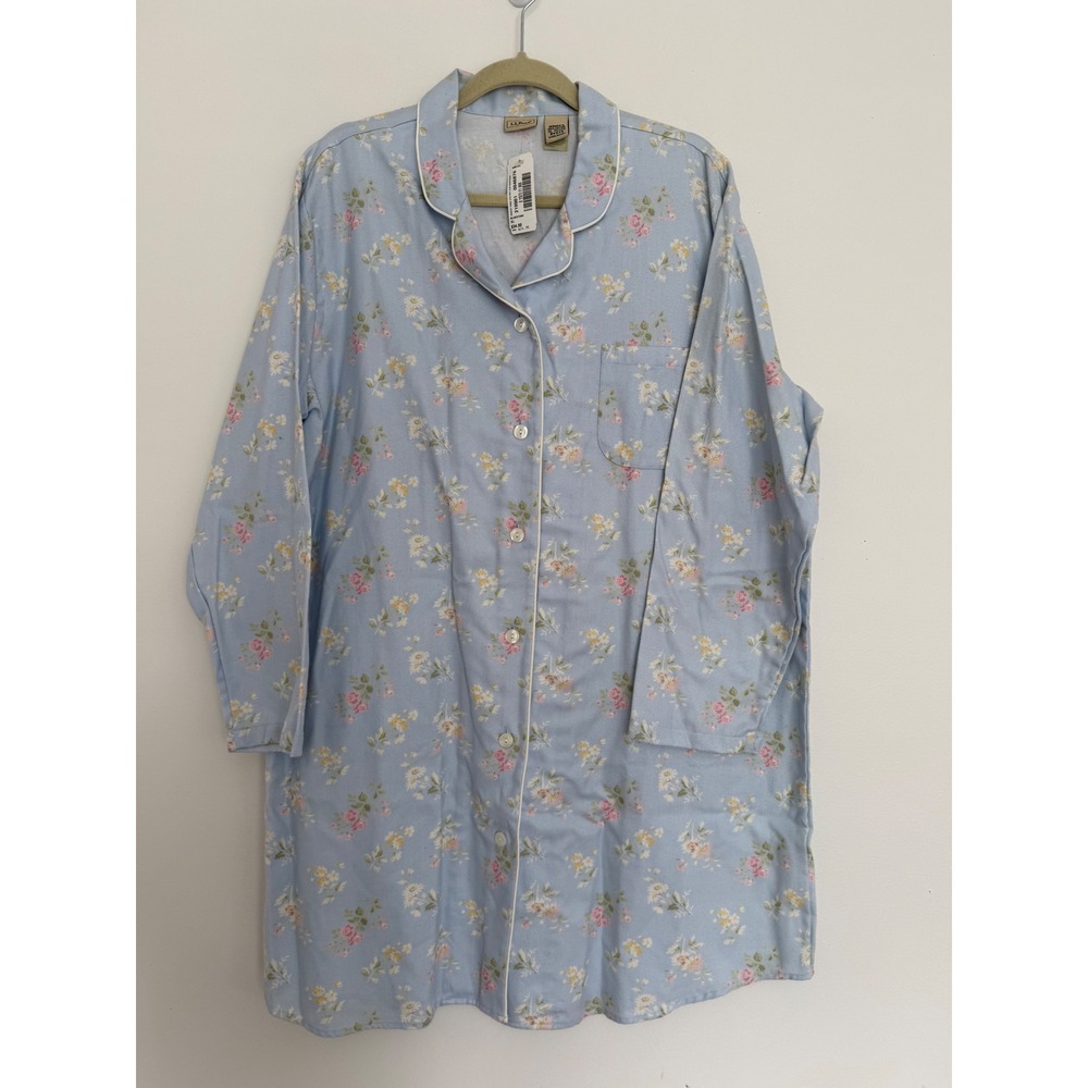NWT Vtg LL Bean Flannel Nightshirt XL Petite Blue Floral Button‎ Front Blue